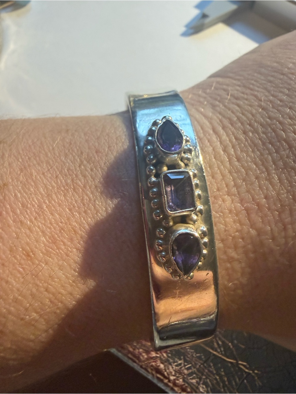 Sterling Silver Cuff Bracelet with Purple Gemstones